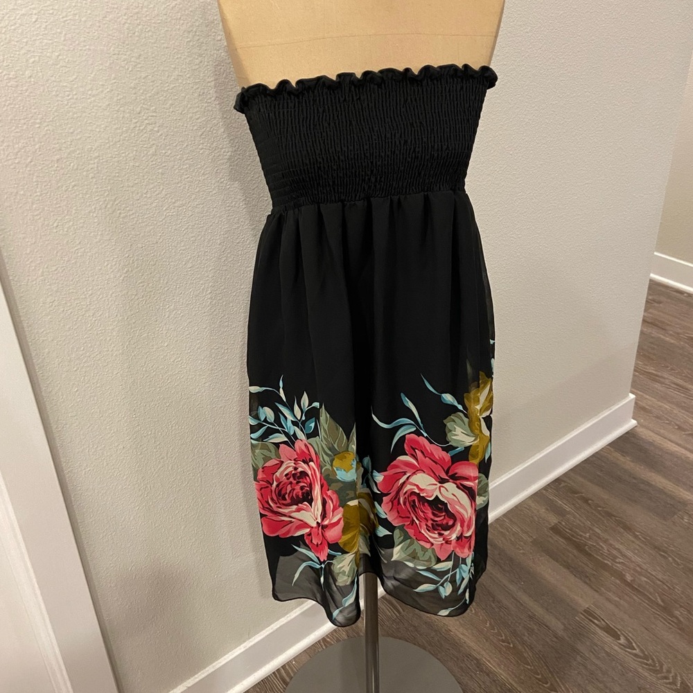 Strapless Black Dress with Flowers